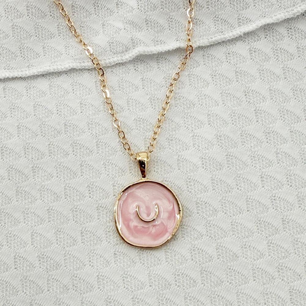 Pink U Gold-Colored Coin Necklace, Round Pendant, Chain Minimalist Jewelry